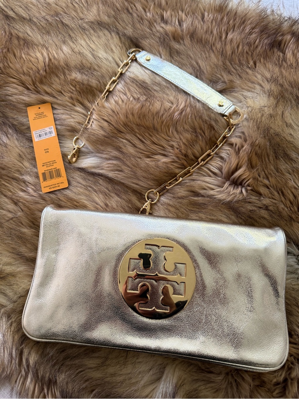 Tory Burch Metallic Gold Clutch with Gold Logo Chain